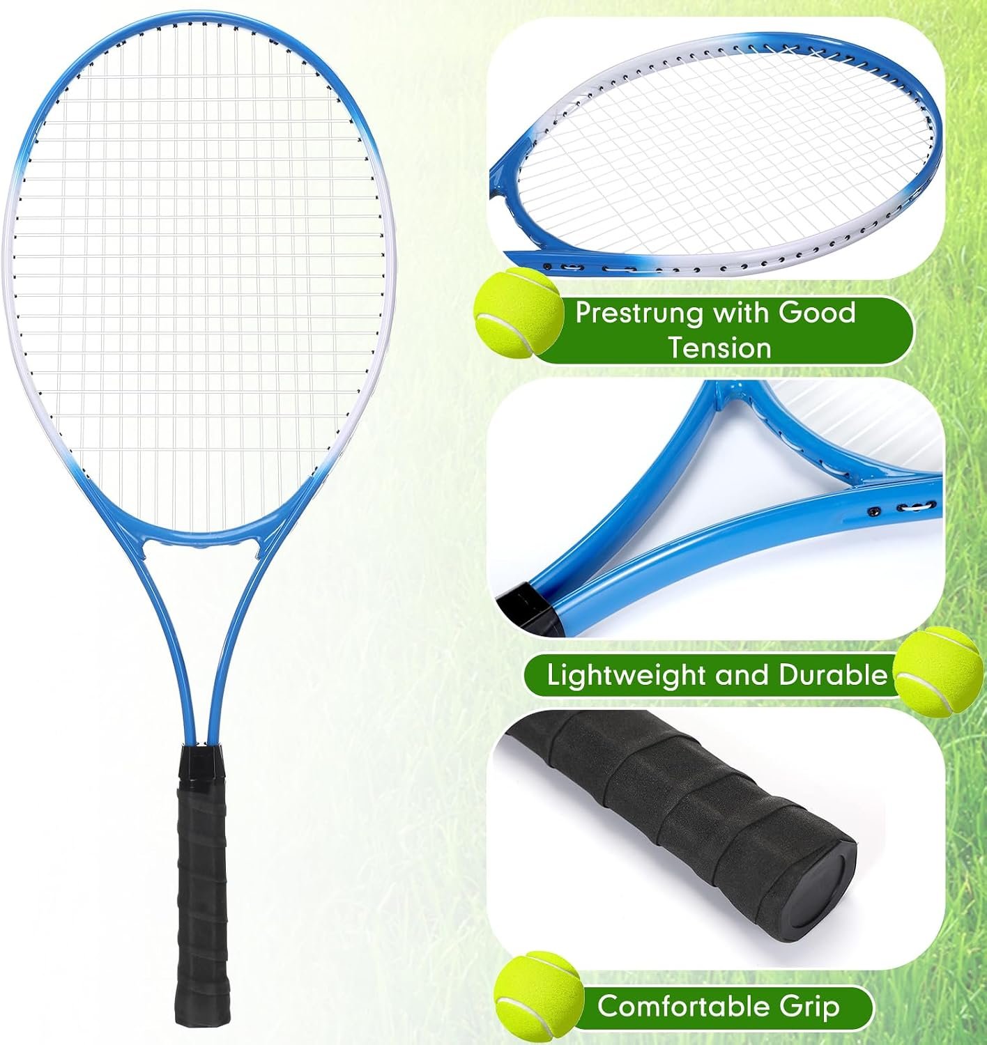 4 Pack Tennis Rackets for Adults Recreational 4 Players Pre Strung 27 Inch Tennis Racquets Lightweight Rackets Bulk with Balls Overgrips for Training - Image 2