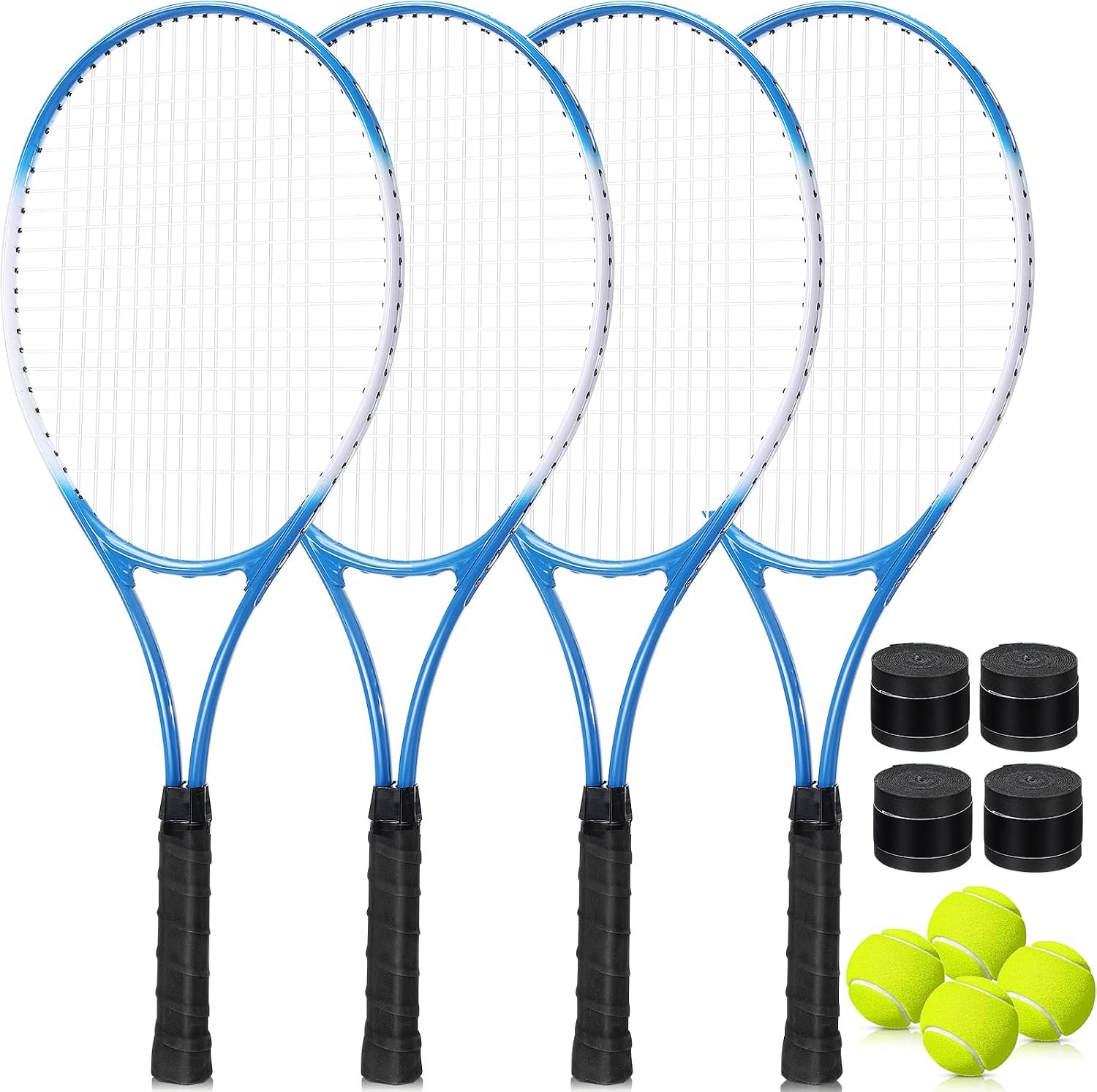 4 Pack Tennis Rackets for Adults Recreational 4 Players Pre Strung 27 Inch Tennis Racquets Lightweight Rackets Bulk with Balls Overgrips for Training