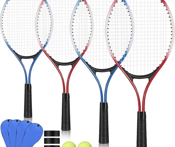 4 Pack Tennis Rackets Recreational 21 Inch Lightweight Tennis Racket Bulk with Balls Overgrips Carry Bag for Training Beginners