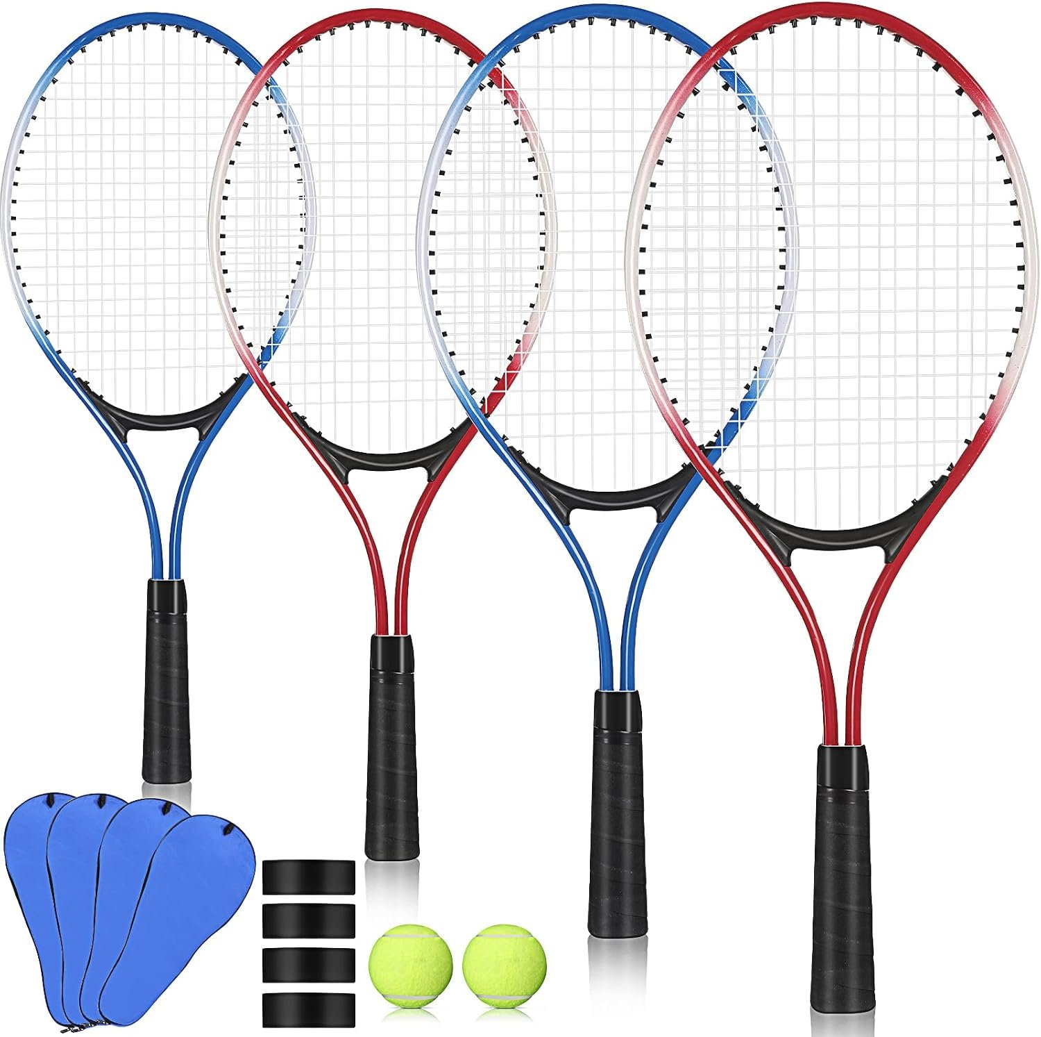 4 Pack Tennis Rackets Recreational 21 Inch Lightweight Tennis Racket Bulk with Balls Overgrips Carry Bag for Training Beginners