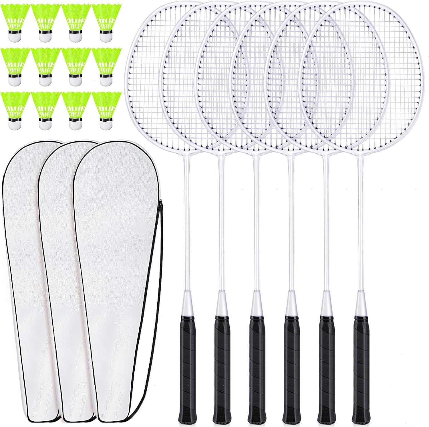 6 Packs Badminton Rackets Set Include 6 Lightweight Rackets 12 Nylon Plastic Shuttlecocks 3 Carrying Bags for Summer Outdoor Backyard Games Sports Beginners Adults