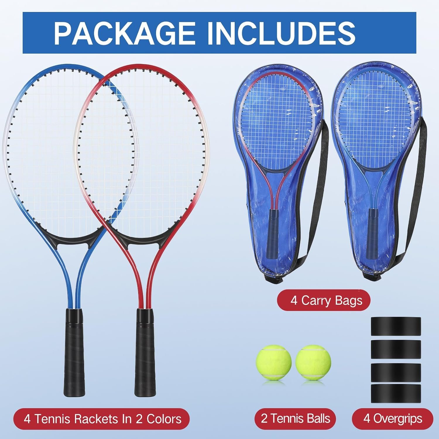 4 Pack Tennis Rackets Recreational 21 Inch Lightweight Tennis Racket Bulk with Balls Overgrips Carry Bag for Training Beginners - Image 2