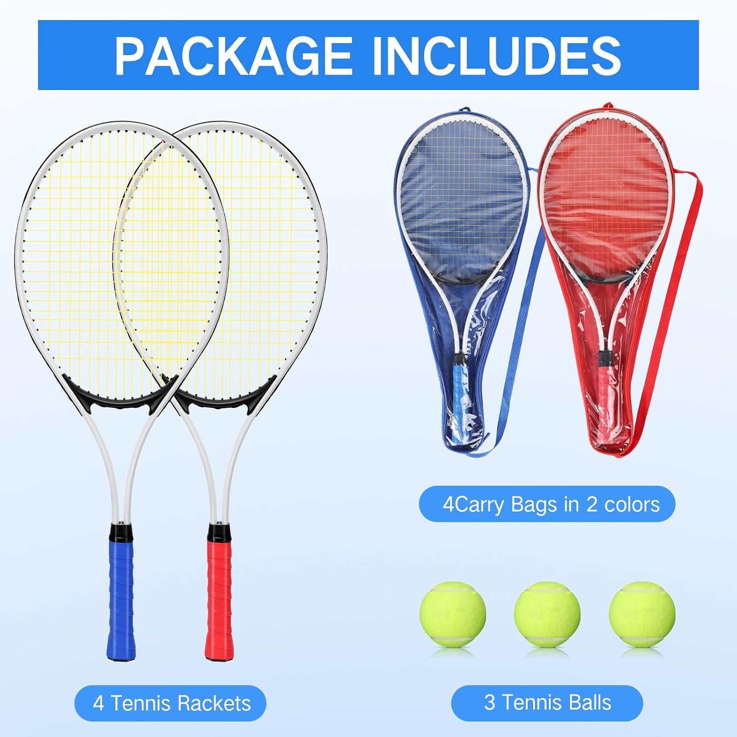 4 Pcs Tennis Rackets for Adult Recreational 4 Players 27" Tennis Racquet Lightweight Tennis Racket with 3 Tennis Balls for Training Beginners with Overgrips Carry Bag - Image 2