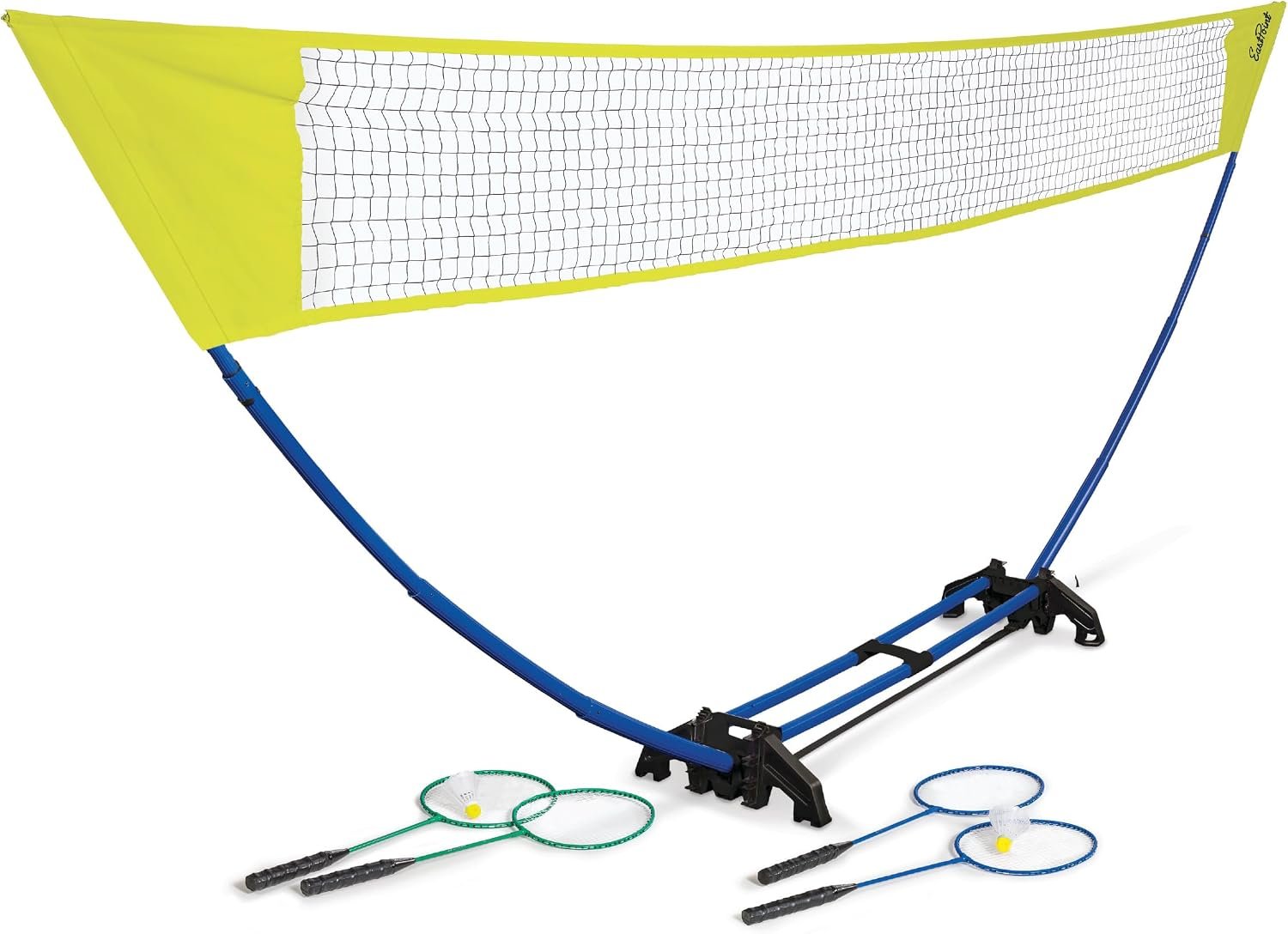 Easy Setup Badminton Set - 15 ft Net, 4 Rackets, 2 Shuttlecocks - Quick Setup Net for Backyard Games - Steel Shaft Badminton Rackets for Family Games - Durable Shuttlecocks for Outdoors